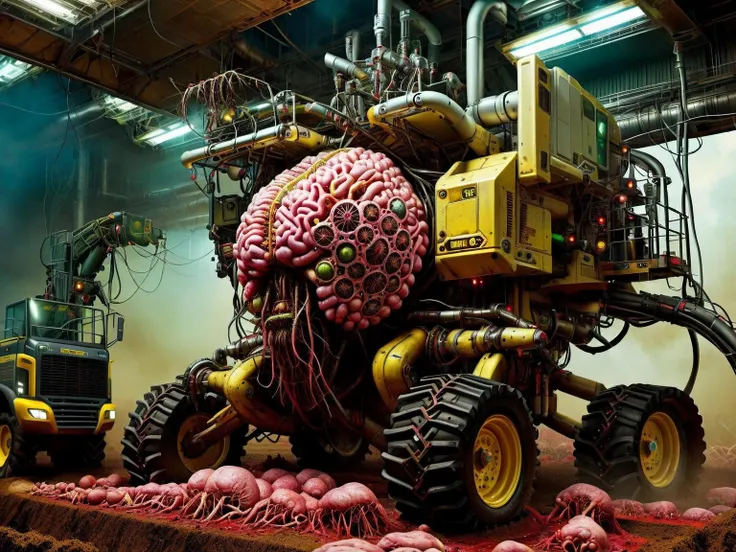 <lora:HorrorAI:.8> TumorPunkAI combine harvester , Highly detailed, horror setting, intricate detailed background