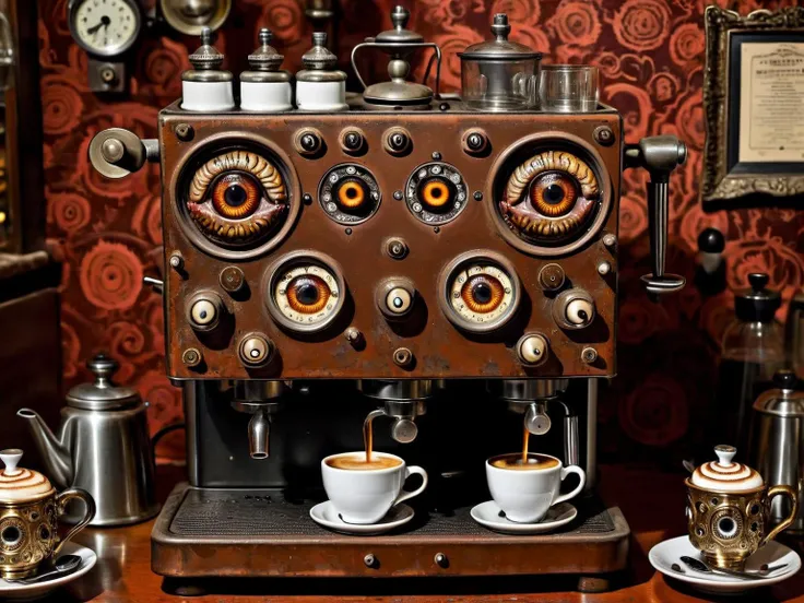 <lora:HorrorAI:.8> ManyEyedHorrorAI coffee machine , Highly detailed, horror setting, intricate detailed background