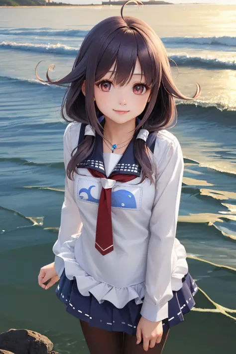 (masterpiece, best quality:1.2), <lyco:kancolle_taigei-10:1.0>, cowboy shot, solo, 1girl, taigei, smile, looking at viewer, arms behind back, wading, low twintails, ahoge, school uniform, serafuku, red necktie, skirt, pantyhose