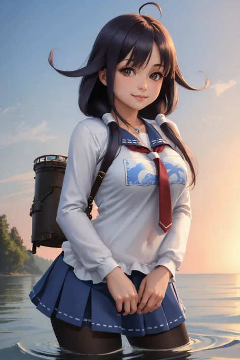 (masterpiece, best quality:1.2), <lyco:kancolle_taigeiv2-12:1.0>, cowboy shot, solo, 1girl, taigei, smile, looking at viewer, wading, low twintails, ahoge, school uniform, serafuku, red necktie, skirt, pantyhose