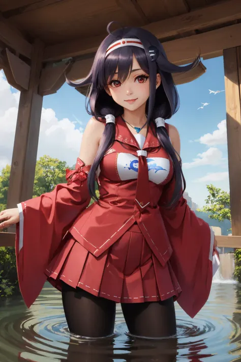 (masterpiece, best quality:1.2), <lyco:kancolle_taigeiv2-12:1.0>, cowboy shot, solo, 1girl, ryuuhou, smile, looking at viewer, wading, twintails, ahoge, hairband, hair ornament, japanese clothes, muneate, skirt, black pantyhose, gloves, magatama