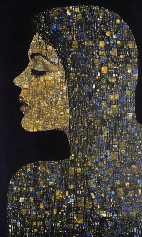 (masterpiece), The Kiss, by Gustav Klimt in his CRT static television light light phase in which Klimt did his paintings using liquid television static applied to the canvas, sparkling beautifully in its masterful display of artistic power, coherent and anatomically correct within the bounds of Klimt's style, masterfully executed with extreme attention to detail. The static glimmers and shimmers in the dark museum, lighting the faces of passers