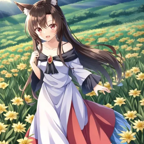 1girl, kag, imaizumi kagerou, animal ears, brooch, brown hair, red eyes, collarbone, dress, fang, jewelry, long hair, long sleeves, off-shoulder dress, two-tone dress, wide sleeves, wolf ears, wolf tail, <lora:kagerouImaizumi_v8E12:1>, in a flower meadow, dawn, caustics, vignette