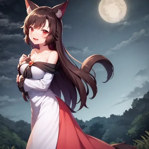 (1girl, kag), imaizumi kagerou, (full body, standing), animal ears, breasts, brooch, brown hair, collarbone, dress, eyebrows visible through hair, fang, jewelry, long hair, long sleeves, looking at viewer, off-shoulder dress, off shoulder, open mouth, red eyes, solo, tail, white dress, wide sleeves, wolf ears, wolf tail, night, night sky, dark, cloudy sky, dark night, low color gamma, dark colors, low brightness