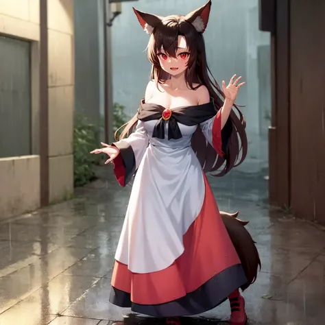 (1girl, kag), imaizumi kagerou, (full body, standing), animal ears, breasts, brooch, brown hair, collarbone, dress, eyebrows visible through hair, fang, jewelry, long hair, long sleeves, looking at viewer, off-shoulder dress, off shoulder, open mouth, red eyes, solo, tail, white dress, wide sleeves, wolf ears, wolf tail, (chiaroscuro:1.1) neon lights, cyberpunk, cyberpunk city, graffiti, (rain, puddle)