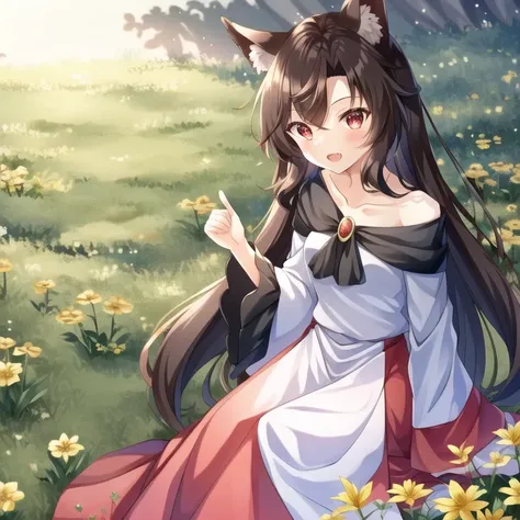 1girl, kag, imaizumi kagerou, animal ears, brooch, brown hair, red eyes, collarbone, dress, fang, jewelry, long hair, long sleeves, off-shoulder dress, two-tone dress, wide sleeves, wolf ears, wolf tail, <lora:kagerouImaizumi_v8E12:1>, in a flower meadow, dawn, caustics, vignette, holding a flower