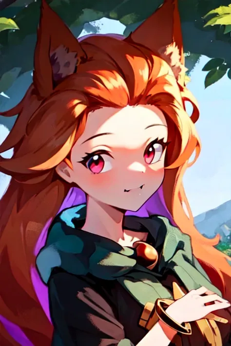 (1girl, kag), imaizumi kagerou, (close-up, intricately detailed face and eyes, face focus, portrait:1.2), animal ears, breasts, brooch, brown hair, collarbone, dress, eyebrows visible through hair, fang, jewelry, long hair, long sleeves, looking at viewer, off-shoulder dress, off shoulder, suggestive smile, red eyes, solo, tail, two-tone dress, dress, wide sleeves, wolf ears, wolf tail, flowering clover meadow, forest, countryside,