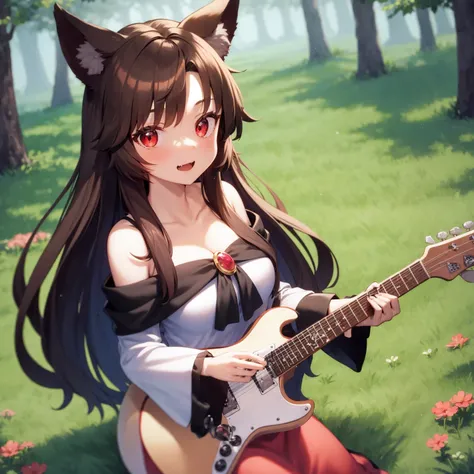 (1girl, kag), imaizumi kagerou, (guitar solo, playing on guitar), animal ears, breasts, brooch, brown hair, collarbone, dress, eyebrows visible through hair, fang, jewelry, long hair, long sleeves, looking at viewer, off-shoulder dress, off shoulder, open mouth, red eyes, solo, tail, white dress, wide sleeves, wolf ears, wolf tail, flowering clover meadow, forest, countryside