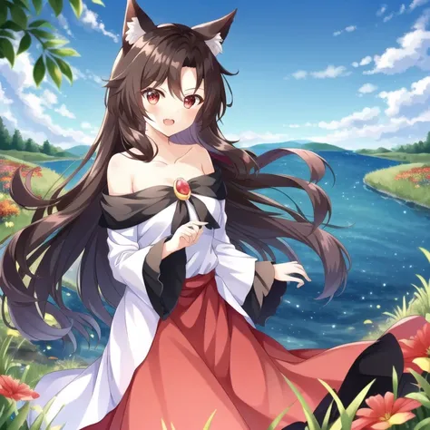 1girl, kag, imaizumi kagerou, animal ears, brooch, brown hair, red eyes, collarbone, dress, fang, jewelry, long hair, long sleeves, off-shoulder dress, two-tone dress, wide sleeves, wolf ears, wolf tail, <lora:kagerouImaizumi_v8E12:1>, in a flower meadow, dawn, caustics, vignette, holding a flower