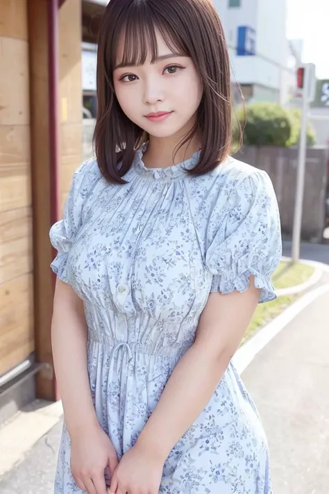 (skin blemish:1.2), (skindentation), black eye, 1woman, 25yo, (((woman))), solo, realistic, best quality, photorealistic, masterpiece, 8k, high res, solo, extremely detailed face, (professional lighting, bokeh), (light particles, lens flare, glowing particles:0.6), (dynamic pose:1.2), soft lighting, top angle view, fashionable and trendy atmosphere, japan, street, tokyo, city, ((daytime)), sky, ((looking at the viewer:1)), (looking at the camera),(portrait:0.6), cowboy shot, gorgeous, standing, keep original facial proportion, wide shoulder, full body, (medium breast), (medium hair), brown hair, floating hair, lips, lipstick, seductive smile, floating hair, smile, open_mouth, teeth, (floral print one piece dress with short sleeve:1), summer dress, blouse, eyelashes, mole, (mole under eye:1), <lora:KondoR:0.8>