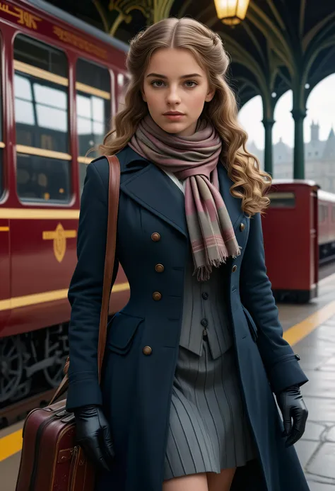 realism, perfect rendered face,((best quality)), ((masterpiece)), ((realistic)), (detailed),[hermione granger:minerva mcgonagall:0.5] rim light, vivid, 1girl, in a victorian dress , (((shiny eyes, shiny skin))),detailed face, travel bags, scarf, toned legs, large breasts, elbow length gloves, train station in background, steam , (detailed) ,((best quality)), ((masterpiece)), ((realistic)), (detailed),pixiv contest winner, 15 mm, 15mm,, BREAK, great composition, UHD, 8K, 32k,