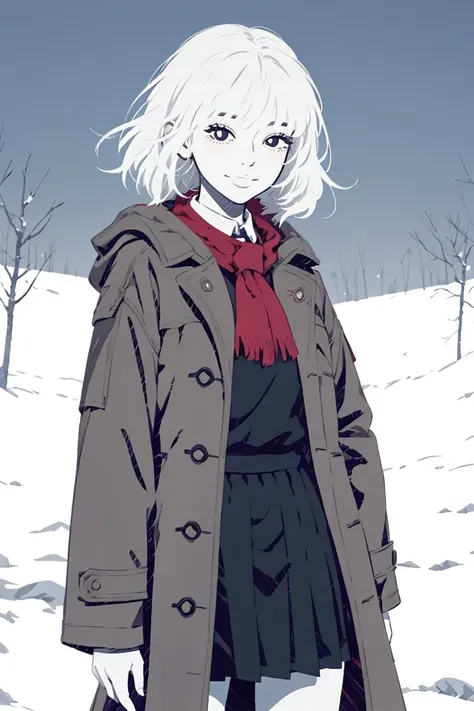 (masterpiece, best quality), anime, 1gir, school uniform, cowboy shot, turn one's face away, looking away, smile, collared shirt and skirt, winter scarf, coat, white hair, outdoors, cxg, <lora:coolgirl:1>, (flat lighting, flat color:0.8), textile shading, (intense shadows:0.2), crisp edges, <lora:outline:-1.0>,