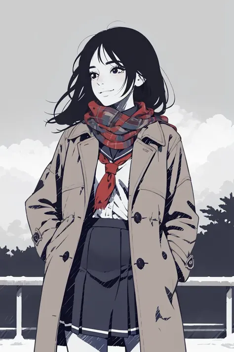 (masterpiece, best quality), anime, 1gir, school uniform, cowboy shot, turn one's face away, looking away, smile, collared shirt and skirt, winter scarf, coat, black hair, outdoors, cxg, <lora:coolgirl:1>, (flat lighting, flat color:0.8), textile shading, (intense shadows:0.2), <lora:outline:-1.0>,