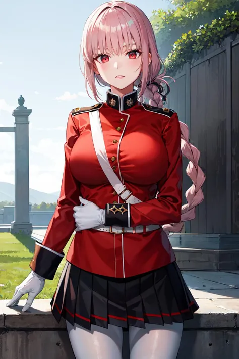 masterpiece, best quality, highres, aafng, braid, large breasts, military uniform, red jacket, strap between breasts, white gloves, belt, pleated skirt, black skirt, white pantyhose, <lora:florence_nightingale_v1:0.7>, cowboy shot, standing, outdoors, looking at viewer, arms at sides, straight-on,
