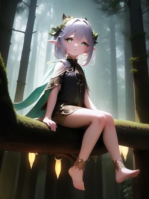 masterpiece, best quality, ultra detailed, high res, <lora:Nahida V1:1>, Nahida, , glowing eyes, dark forest, magical forest, at night, sitting on a branch, darkness, closer view