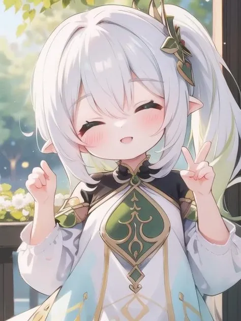 masterpiece, best quality, ultra detailed, high res, <lora:Nahida V1:0.75>, Nahida, child, V pose, smiling with clossed eyes