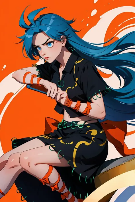 (masterpiece, best quality), 1girl,    <lora:himemushimomoyo:1> 1girl,long hair,blue hair,messy hair,ahoge,blue eyes,jewelry, ring,arm ribbon,orange bow,short sleeves,black shirt,navel,black skirt,leg ribbon,