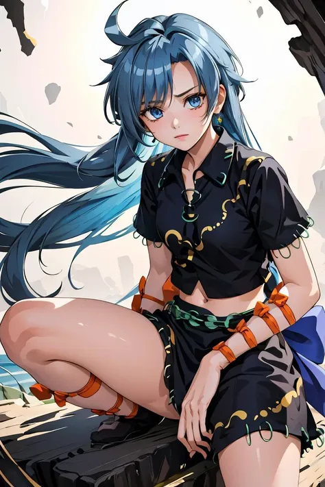 (masterpiece, best quality), 1girl,    <lora:himemushimomoyo:1> 1girl,long hair,blue hair,messy hair,ahoge,blue eyes,jewelry, ring,arm ribbon,orange bow,short sleeves,black shirt,navel,black skirt,leg ribbon,