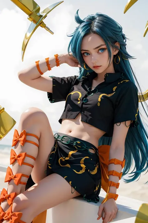 (masterpiece, best quality), 1girl,    <lora:himemushimomoyo:1> 1girl,long hair,blue hair,messy hair,ahoge,blue eyes,jewelry, ring,arm ribbon,orange bow,short sleeves,black shirt,navel,black skirt,leg ribbon,