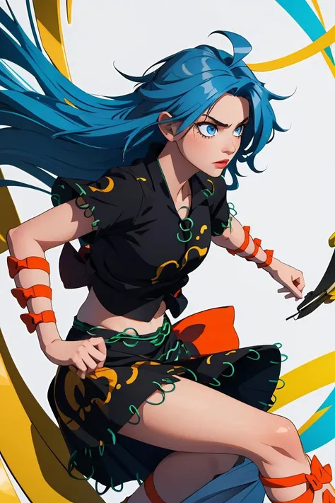 (masterpiece, best quality), 1girl,    <lora:himemushimomoyo:1> 1girl,long hair,blue hair,messy hair,ahoge,blue eyes,jewelry, ring,arm ribbon,orange bow,short sleeves,black shirt,navel,black skirt,leg ribbon,