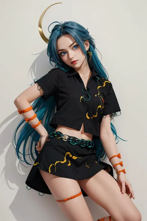 (masterpiece, best quality), 1girl,    <lora:himemushimomoyo:1> 1girl,long hair,blue hair,messy hair,ahoge,blue eyes,jewelry, ring,arm ribbon,orange bow,short sleeves,black shirt,navel,black skirt,leg ribbon,