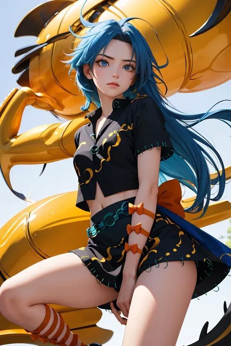 (masterpiece, best quality), 1girl,    <lora:himemushimomoyo:1> 1girl,long hair,blue hair,messy hair,ahoge,blue eyes,jewelry, ring,arm ribbon,orange bow,short sleeves,black shirt,navel,black skirt,leg ribbon,