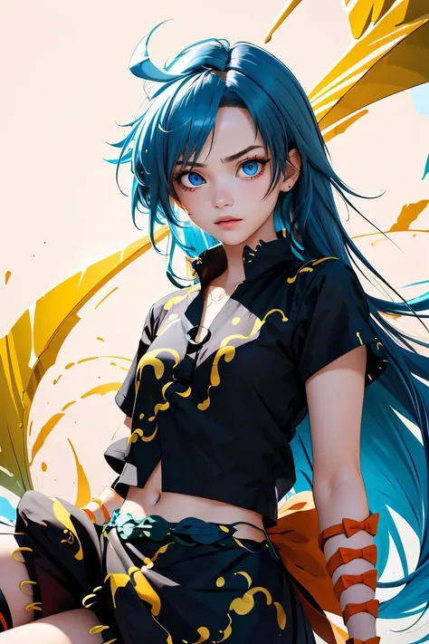 (masterpiece, best quality), 1girl,    <lora:himemushimomoyo:1> 1girl,long hair,blue hair,messy hair,ahoge,blue eyes,jewelry, ring,arm ribbon,orange bow,short sleeves,black shirt,navel,black skirt,leg ribbon,