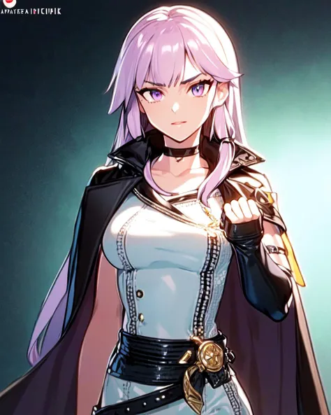 <lora:e7 Lilias2:1.2> e7 Lilias, lilac hair, lilac eyes small breasts, extra long hair, choker, (hair ties), wearing a cape, leather wide black belt with tasks, white clothes, side button,
(masterpiece), best quality, highres, 4k, 8k, Detailed Illustration, intricate detail, cinematic lighting, amazing quality, 1girl, fit female, amazing shading, soft lighting, facing camera, perfect eyes