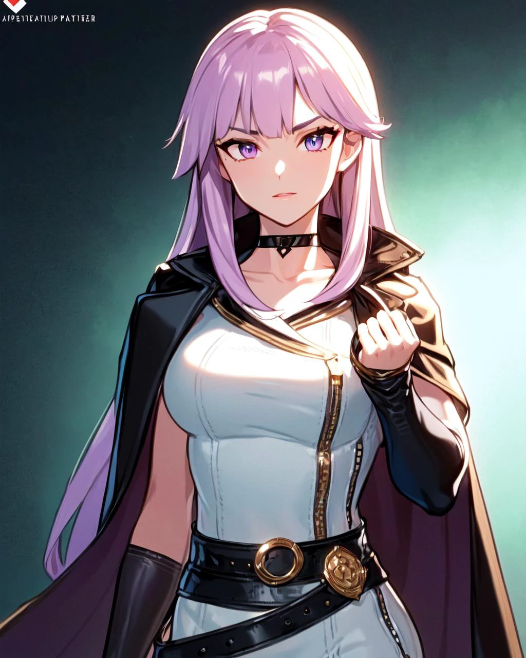 <lora:e7 Lilias2:1> e7 Lilias, lilac hair, lilac eyes small breasts, extra long hair, choker, (hair ties), wearing a cape, leather wide black belt with tasks, white clothes, side button,
(masterpiece), best quality, highres, 4k, 8k, Detailed Illustration, intricate detail, cinematic lighting, amazing quality, 1girl, fit female, amazing shading, soft lighting, facing camera, perfect eyes