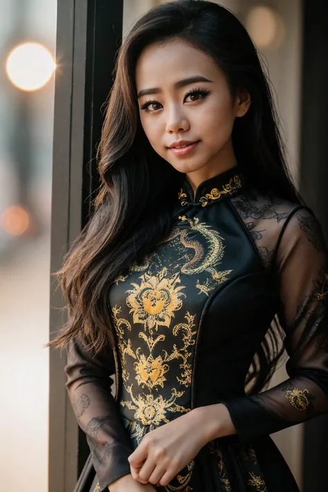 (Art Photography, Award Winning) DV_Kokoro_Vicious is wearing (Cheongsam Dress with dragonprint:1.3) in the Taiwan country side (Steve McCurry, 35mm, F/2.8), (Photo Focus, DOF, Aperture, insanely detailed and intricate, character, hypermaximalist, beautiful, revealing, appealing, attractive, amative, hyper realistic, super detailed)(DOF, blurry background, sunset in the back of the character)(Lens Flare, Heresy flare:1.3) (hair is flowing in the wind) smiling,
