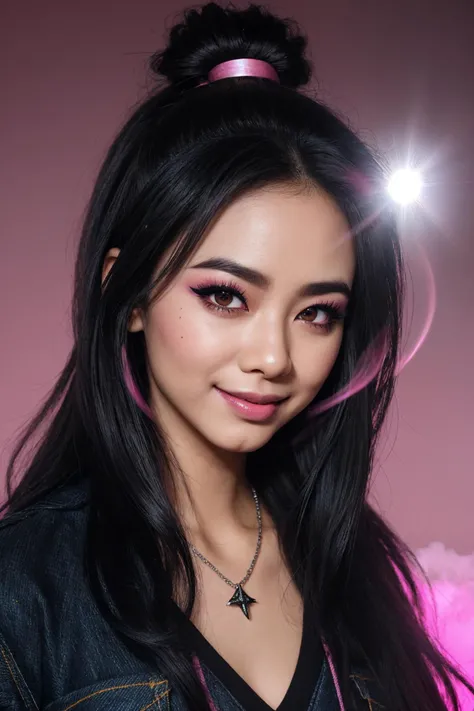 Asian DV_Kokoro_Vicious ((Black Theme, Black and Pink Backdrop:1.4)) (Close-Up Shot, Face Portrait:1.4) (mahagony hair:1.5) wearing (Blue Jeans and a Black sweatshirt :1.3), 35mm, F/2.8, ((Photo Focus, DOF, Aperture, insanely detailed and intricate, character, hypermaximalist, elegant, ornate, beautiful, exotic, revealing, appealing, attractive, amative, hyper realistic, super detailed, heresy flares)) (smiling at viewer) (volumetric pink smoke:1.3) (pink lens flare:1.2)(sharpness:1.3)(details:1.3)
