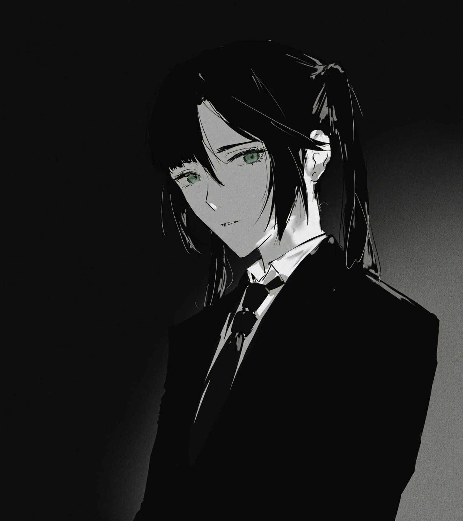 (by suzukasuraimu:1.1),(by 4qw5:1.3), (film_grain:1.4),
high_contrast,
aged_up,
narrowed_eyes, greyscale,
looking at viewer, simple background, mona \(genshin impact\),black hair,twintails,green eyes,skinny,small breasts, black_suit,
black background, depressed,
very aesthetic, indoors,
<lora:Hyper-SDXL-12steps-CFG-lora:0.8>,