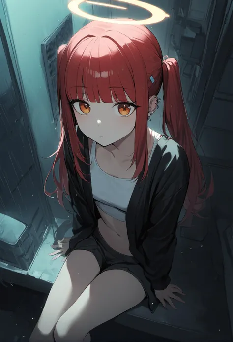 1girl, black sleeves, blunt bangs, air conditioner , crop top, dark background, ear piercing, sitting, alley, expressionless, rain, wet, hairclip, halo, long hair, long sleeves, midriff, open cardigan, orange eyes, red hair, solo, twintails, very aesthetic, best quality, looking up, green lighting, dynamic angle