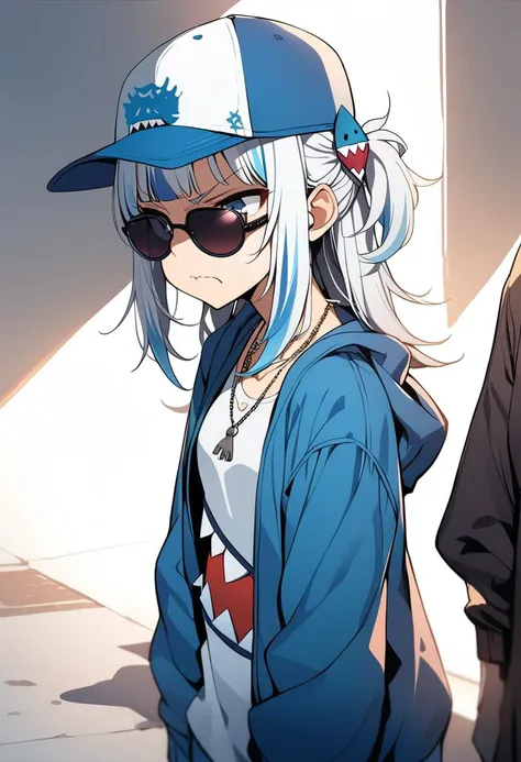 1girl, gawr gura, ho****ve, ho****ve english, angry, baseball cap, blue eyes, blue hair, disappointed, grey hair, hat, jewelry, looking to the side, necklace, sunglasses, mid, masterpiece, best quality