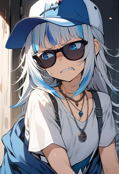 1girl, gawr gura, ho****ve, ho****ve english, angry, baseball cap, blue eyes, blue hair, disappointed, grey hair, hat, jewelry, looking to the side, necklace, sunglasses, mid, masterpiece, best quality