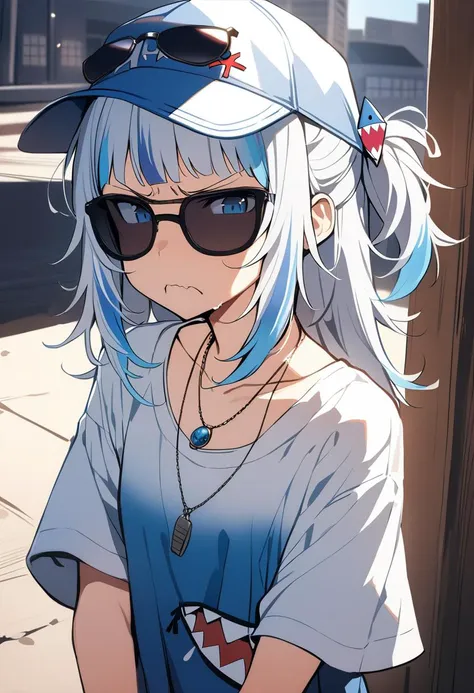 1girl, gawr gura, ho****ve, ho****ve english, angry, baseball cap, blue eyes, blue hair, disappointed, grey hair, hat, jewelry, looking to the side, necklace, sunglasses, mid, masterpiece, best quality