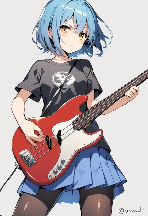 1girl, yamada ryo, bocchi the rock!, bass guitar, black pantyhose, black shirt, blue hair, blue skirt, bob cut, cowboy shot, fender precision bass, frown, grey undershirt, instrument, kessoku band logo, pantyhose, pleated skirt, shirt, short hair, signature, simple background, skirt, t-shirt, twitter username, yellow eyes, mid, masterpiece, best quality