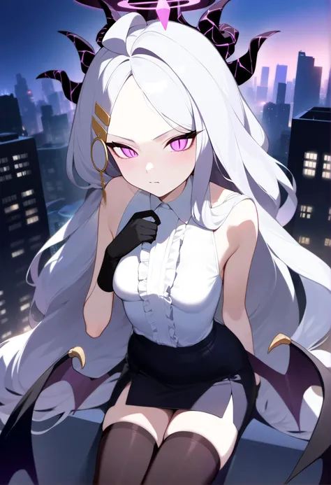 1girl, blue archive, hina\(blue archive\), glowing eyes, outdoors, city, night, dark, glaring, close-up, black gloves, demon wings, gloves, grey hair, hair ornament, halo, horns, long hair, sleeveless, frilled white shirt, black pencil skirt, multiple horns, purple eyes, slit, small breasts, solo, thighhighs, wings, very aesthetic, best quality,