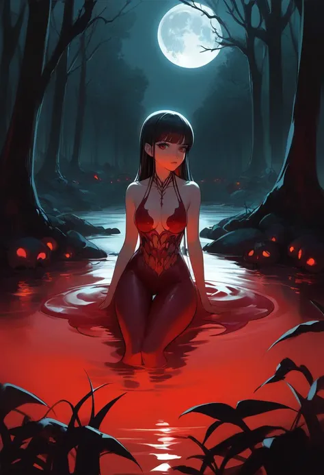 1girl, sitting in a red pool of water at night with a full moon in the background and a creepy forest