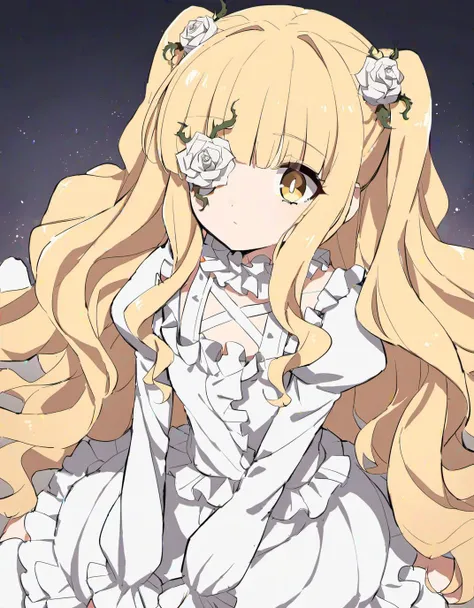 1girl, kirakishou, solo, blonde hair, flower, flower over eye, frilled shirt, frilled skirt, dark yellow eyes, bright pupils, hair flower, hair ornament, juliet sleeves, long hair, wavy hair, white flower, jitome, white rose, gorgeous interior, very aesthetic, soft blending, dreamy and emotional style, cute, girly,  high definition lineart,   <lora:kirakishou-v1:0.8>