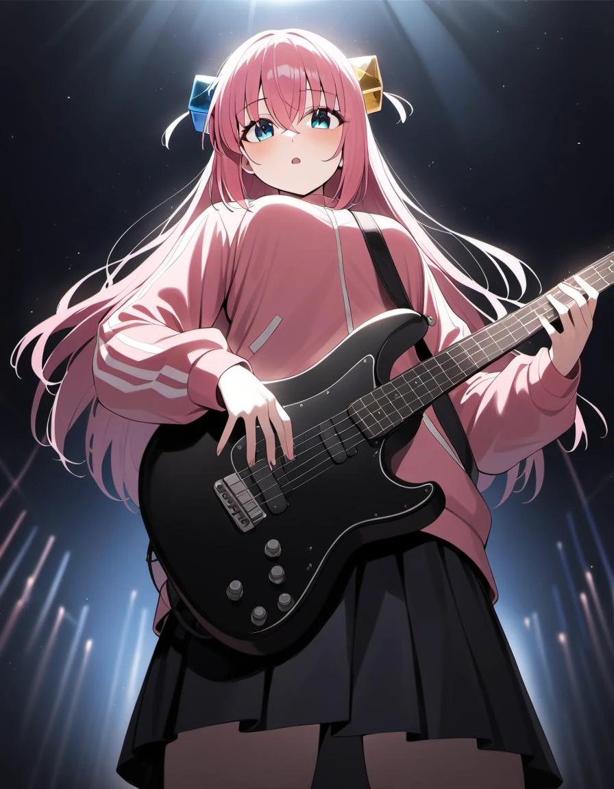 1girl, gotoh hitori, bocchi the rock!, black skirt, blue eyes, cube hair ornament, concert, electric guitar, hair between eyes, hair ornament, holding instrument, pink jacket, solo, long hair, track jacket, very aesthetic, best quality, cinematic lighting, depth of field, from below, ((motion blur)), back lighting, masterpiece, best quality