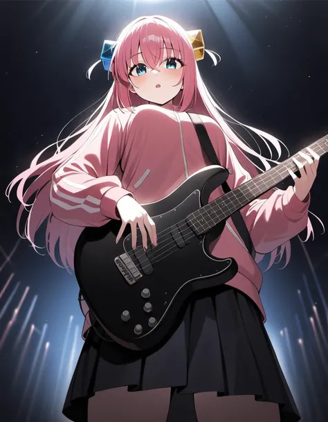 1girl,  gotoh hitori, bocchi the rock!, black skirt,  blue eyes, cube hair ornament, concert,  electric guitar, hair between eyes, hair ornament, holding instrument, pink jacket, solo, long hair, track jacket, very aesthetic, best quality, cinematic lighting,  depth of field, from below, ((motion blur)), back lighting, masterpiece, best quality