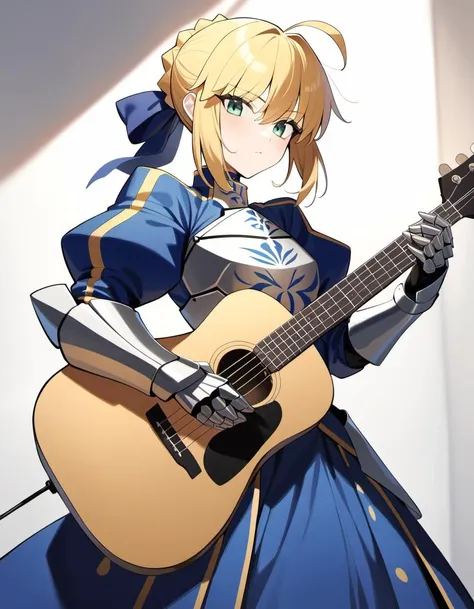 1girl, saber (fate), artoria pendragon (fate), saber (fate), fate (series), ahoge, armor, armored dress, blonde hair, dress, gauntlets, guitar, hair ribbon, instrument, ribbon, newest, absurdres, highres, masterpiece