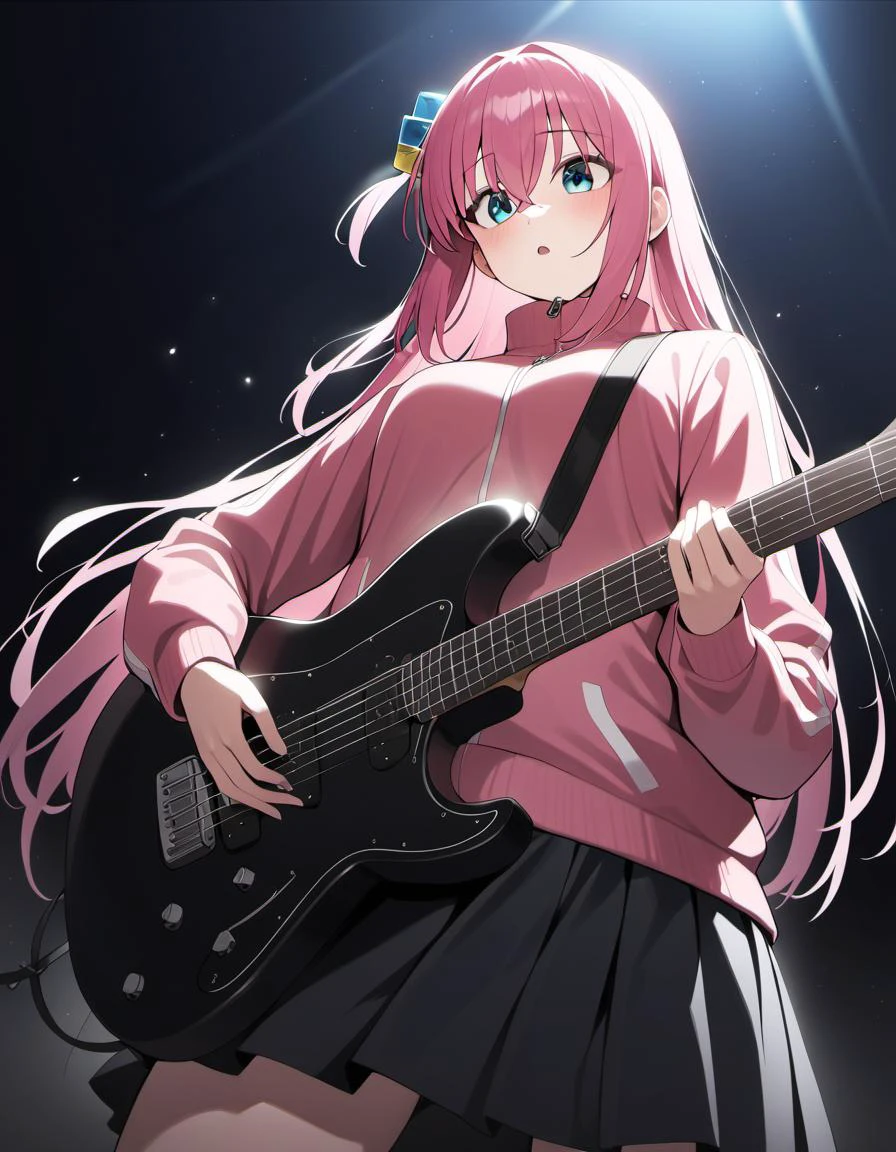 1girl, gotoh hitori, bocchi the rock!, black skirt, blue eyes, cube hair ornament, concert, electric guitar, hair between eyes, hair ornament, holding instrument, pink jacket, solo, long hair, track jacket, very aesthetic, best quality, cinematic lighting, depth of field, from below, ((motion blur)), back lighting, masterpiece, best quality