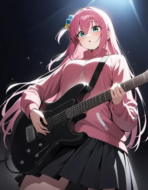 1girl,  gotoh hitori, bocchi the rock!, black skirt,  blue eyes, cube hair ornament, concert,  electric guitar, hair between eyes, hair ornament, holding instrument, pink jacket, solo, long hair, track jacket, very aesthetic, best quality, cinematic lighting,  depth of field, from below, ((motion blur)), back lighting, masterpiece, best quality