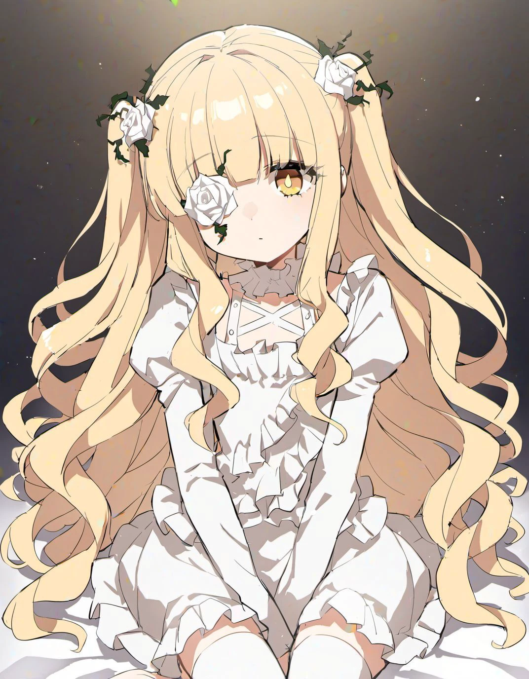 1girl, kirakishou, solo, blonde hair, flower, flower over eye, frilled shirt, frilled skirt, dark yellow eyes, bright pupils, hair flower, hair ornament, juliet sleeves, long hair, wavy hair, white flower, jitome, white rose, gorgeous interior, very aesthetic, soft blending, dreamy and emotional style, cute, girly, high definition lineart, <lora:kirakishou-v1:0.8>