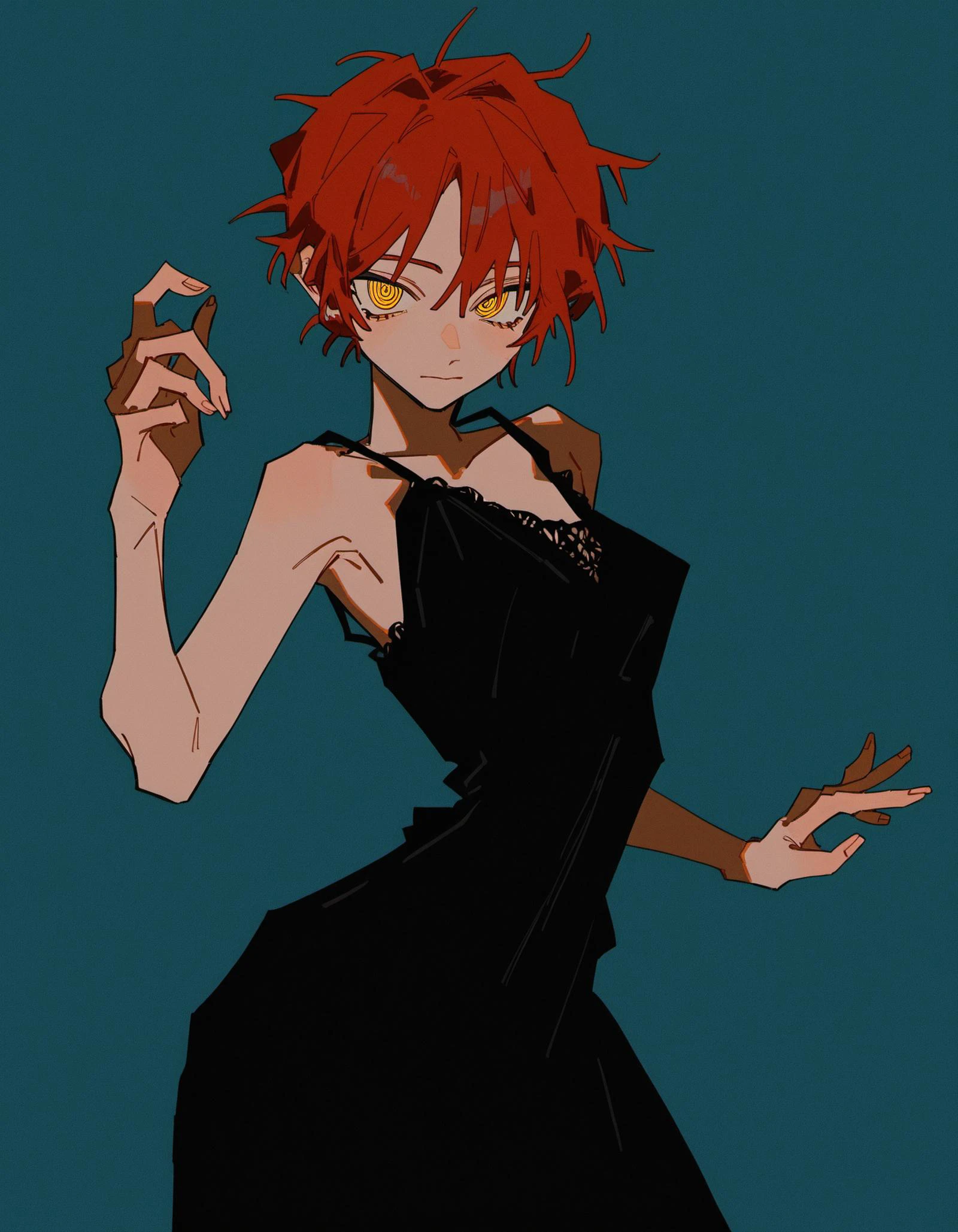 (by odmised:0.95),(by kurattes:1.1),
makima, wearing black nightgown, looking at viewer, red_hair, ringed_eyes, yellow_eyes,
(film_grain:1.4), messy brushstrokes style, masterpiece_illustration gradient artwork,high_contrast,
blue_background,
<lora:Hyper-SDXL-12steps-CFG-lora:0.8>, <lora:neg101-000007:0.6>