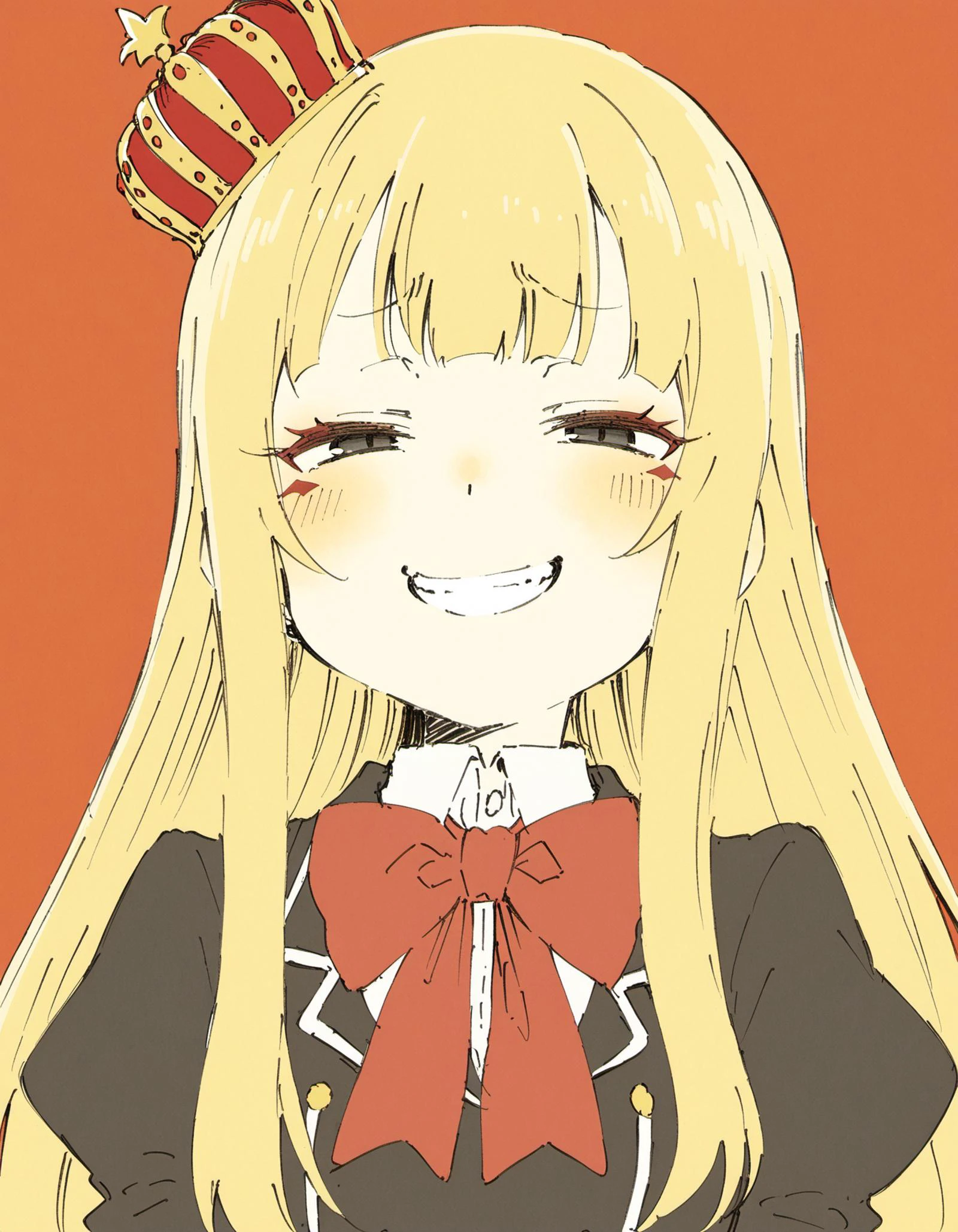 (by abara_heiki:1.1),(by sincos:1.1),
high_contrast,
narrowed_eyes,
solo,
(smug:1.1),blonde hair,princess black jacket,mini crown,mascara,juliet sleeves,narrowed-eyes,gothic school_uniform,blunt bangs,blunt ends,pale skin,seductive smile,black eyes,red bowtie,red_bow,1girl,long hair, grin, wide_smile, closed_mouth,
very aesthetic, (yellow-red-color-scheme:1.1),
<lora:Hyper-SDXL-12steps-CFG-lora:0.8>,