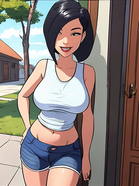 ((ultra quality)), ((masterpiece)), Lois Lane, cute smile, smile, ((black short hair tomboy hairstyle)), (Beautiful face), (beautiful female lips), (), charming, ((sexy facial expression)), (dark skin color), (dark skin), glare on the body, ((detailed beautiful female eyes)), ((dark brown eyes)), (juicy female lips), (dark eyeliner), (beautiful female hands), ((ideal female figure)), ideal female body, beautiful waist, gorgeous thighs, beautiful huge breasts, cleavage,((subtle and beautiful)), sexy worth (), (White shirt, Black jeans) background: bikini, ((depth of field)), ((high quality clear image)), (clear details), ((high detail)), realistically, professional photo session
