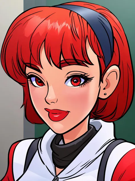 (masterpiece, best quality, high quality, uhd, 4k, 8k:1.2), <lora:JabComixStyle_r1.1:0.8> j4bc0m1x_jab style, beautiful face, 1girl, portrait, young female, solo, red hair, short hair, looking at viewer, hair band, turtleneck